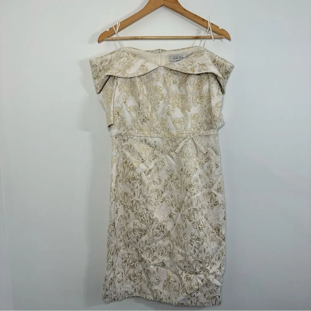 Teri Jon by Rickie Freeman Off-the-Shoulder Gold Jacquard Dress Size 12